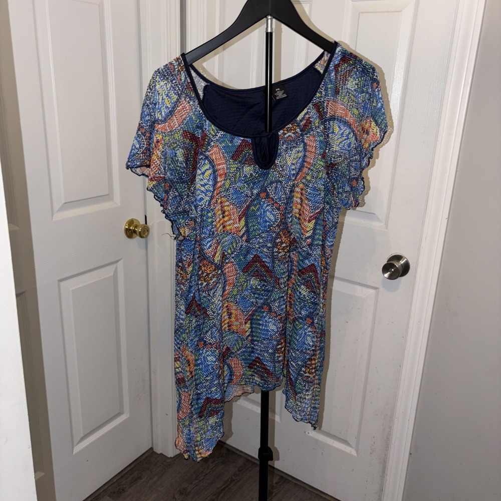 Paisley Print Blouse PXL Textured Layered Shark bite Hem Coastal Boho Flowy Vaca
